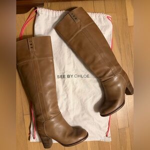 See By Chloe Brown Leather Knee-High Heeled Boots